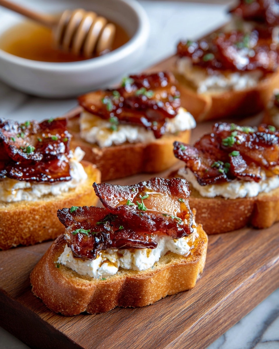 The image shows several pieces of toasted bread slices arranged closely on a wooden board. Each slice has three clear layers: a golden brown, crispy toasted bread base, a thick layer of white soft cheese spread on top, and a glossy, rich-looking layer of dark crispy bacon strips placed above the cheese. The bacon pieces are glazed with a shiny glaze and sprinkled with small green herb bits. In the background, there is a honey dipper resting on a white bowl on a white marbled surface. The photo taken with an iphone --ar 4:5 --v 7