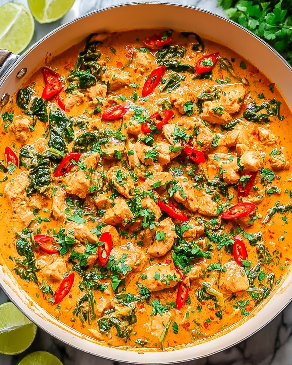 A large round white pan filled with creamy orange curry, featuring many pieces of tender light brown chicken and bright red thin slices of chili scattered throughout. The curry is mixed with fresh green spinach leaves and sprinkled with chopped dark green herbs on top, giving a fresh look. The pan sits on a white marbled surface with lime halves nearby. The curry looks rich and colorful with the mix of orange sauce, green vegetables, and red chilies, creating a warm and inviting dish. photo taken with an iphone --ar 4:5 --v 7