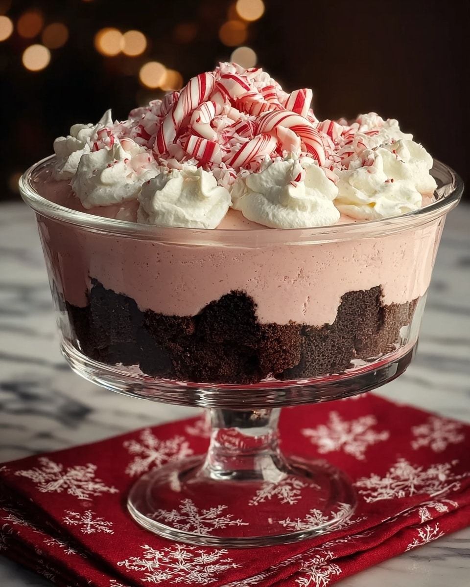 A transparent glass dessert dish stands on a clear pedestal, placed on a red cloth with white snowflake patterns over a white marbled texture. The dessert inside has three visible layers: the bottom layer consists of dark brown, chunky chocolate cake pieces; above that is a smooth, light pink creamy layer spread evenly; on top are more dark brown chocolate cake pieces arranged around the edges. Next, large dollops of white whipped cream are placed in a ring near the top edge, each with a soft texture. The dessert is crowned with roughly chopped red and white striped peppermint candies piled in the center, along with crushed peppermint flakes scattered over the whipped cream. photo taken with an iphone --ar 4:5 --v 7