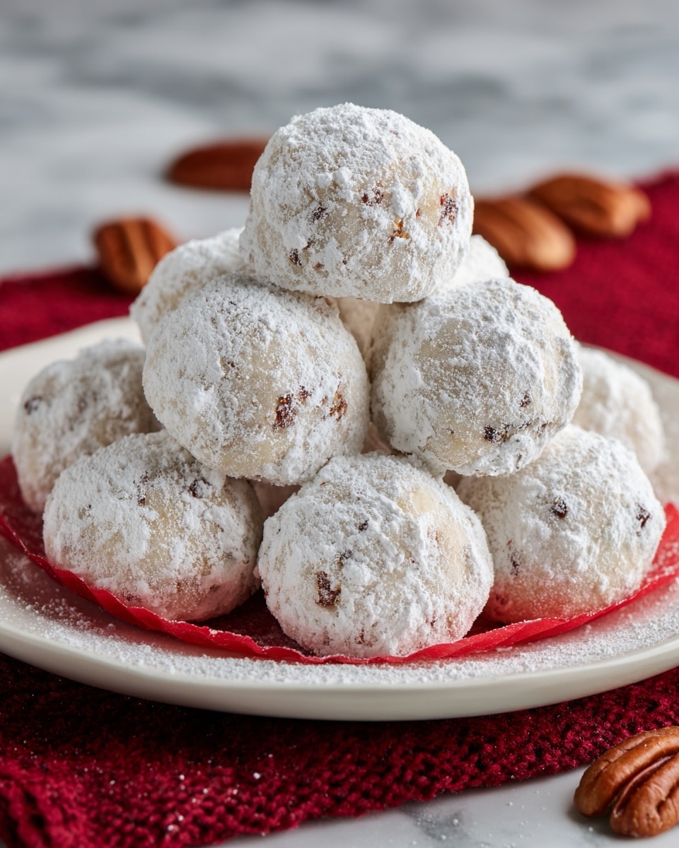 A close-up of a white plate filled with round cookie balls, each covered in a thick layer of white powdered sugar, showing a slightly rough texture with small bits of nuts visible beneath the powder. The cookie balls are stacked in a small mountain, resting on a red paper liner that peeks through gaps between the cookies. The plate sits on a red cloth with knitted texture on top of a white marbled surface, and a few whole pecans are scattered around the base of the plate. Photo taken with an iphone --ar 4:5 --v 7
