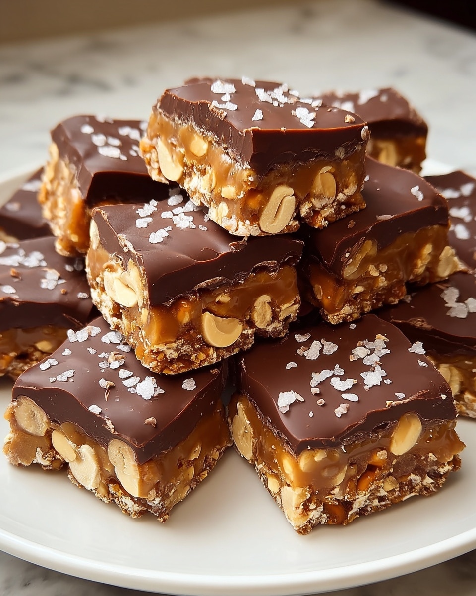 A white plate holds a pile of small square treats with three visible layers: the bottom layer is a mix of light brown caramel and crunchy pretzel pieces, giving a rough texture; the middle layer is creamy caramel with bits of chopped peanuts; and the top layer is smooth, shiny dark brown chocolate with small peanut pieces and white salt flakes scattered on top. The treats are stacked close together on a white marbled surface background. photo taken with an iphone --ar 4:5 --v 7