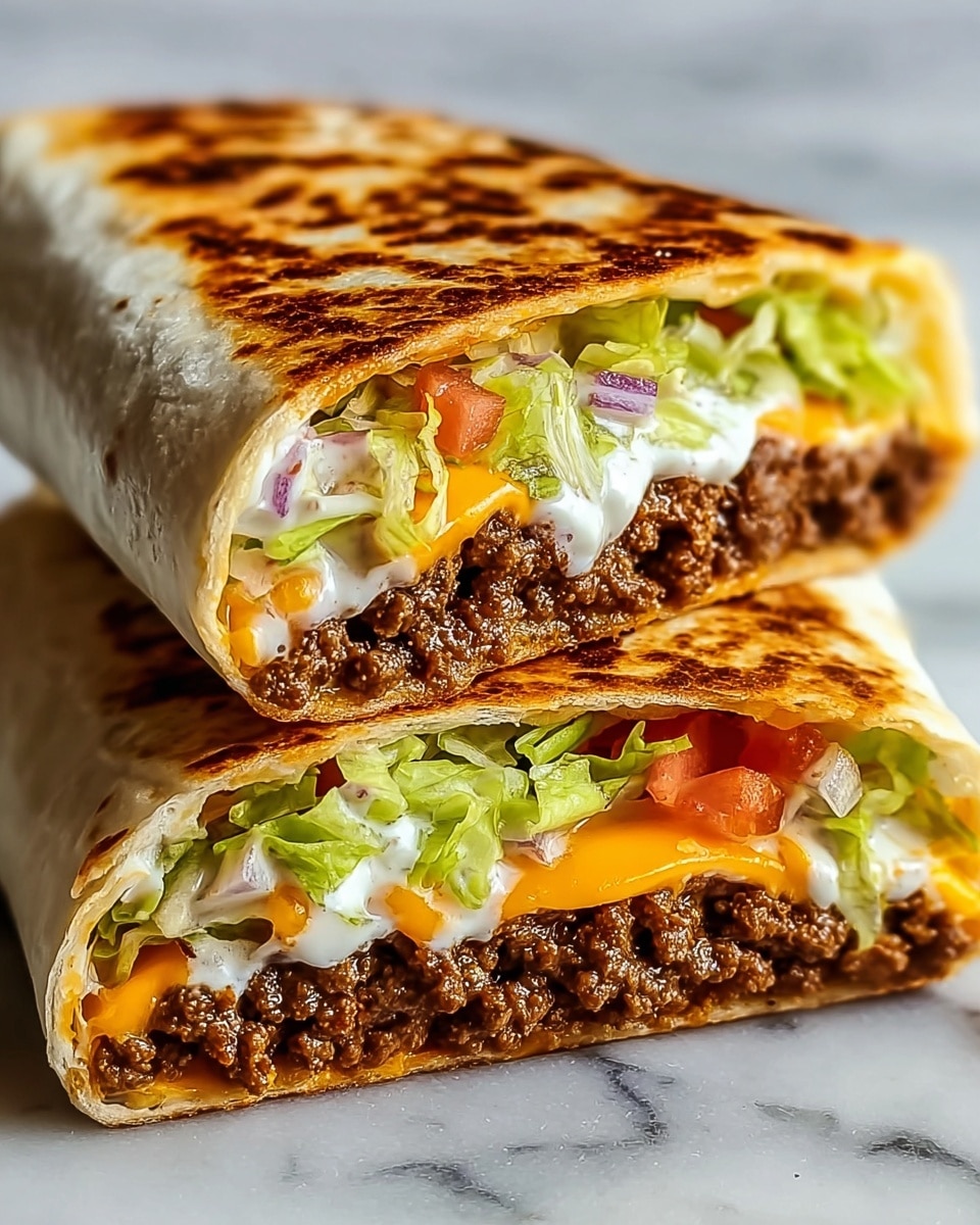 A close-up of two stacked pieces of a stuffed, grilled wrap with a golden-brown toasted outer layer, revealing inside layers starting from the bottom with a soft light tortilla base, topped with slightly melted bright orange cheddar cheese, a thick layer of dark brown seasoned ground beef, fresh light green shredded lettuce, small pieces of red tomato, and creamy white sauce spread unevenly near the top edge, all resting on a white marbled surface. photo taken with an iphone --ar 4:5 --v 7