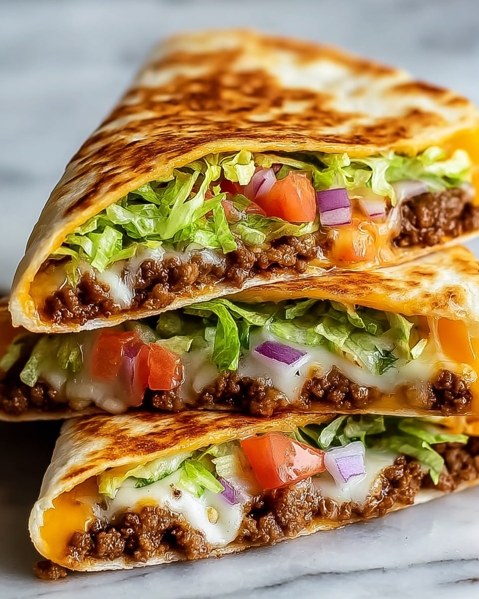 Three folded quesadilla halves are stacked on a white marbled surface, showing their cross-sections clearly. Each quesadilla shows a golden-brown, crispy tortilla exterior with a soft inside. Inside the layers, there is melted white cheese and bright orange cheddar cheese mixed with cooked ground beef in the middle layer. Fresh green shredded lettuce is on top of the meat, and in the middle quesadilla, diced red tomatoes and bits of purple onion can be seen among the lettuce. The layers create a mix of textures and colors from the golden tortilla, melted cheese, browned meat, fresh green lettuce, and red tomatoes. Photo taken with an iphone --ar 4:5 --v 7