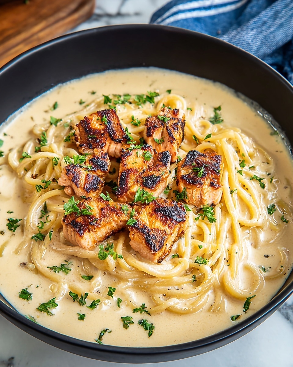 A black bowl holds a creamy light beige sauce filled with spaghetti, giving a smooth and thick texture at the base. On top, there are several small chunks of grilled salmon with a crispy, golden-brown surface and a slightly charred look. The salmon pieces are carefully placed in the center, sprinkled with finely chopped fresh green parsley that adds a touch of color contrast. The background shows a white marbled surface with a blue and white cloth visible on the side. photo taken with an iphone --ar 4:5 --v 7