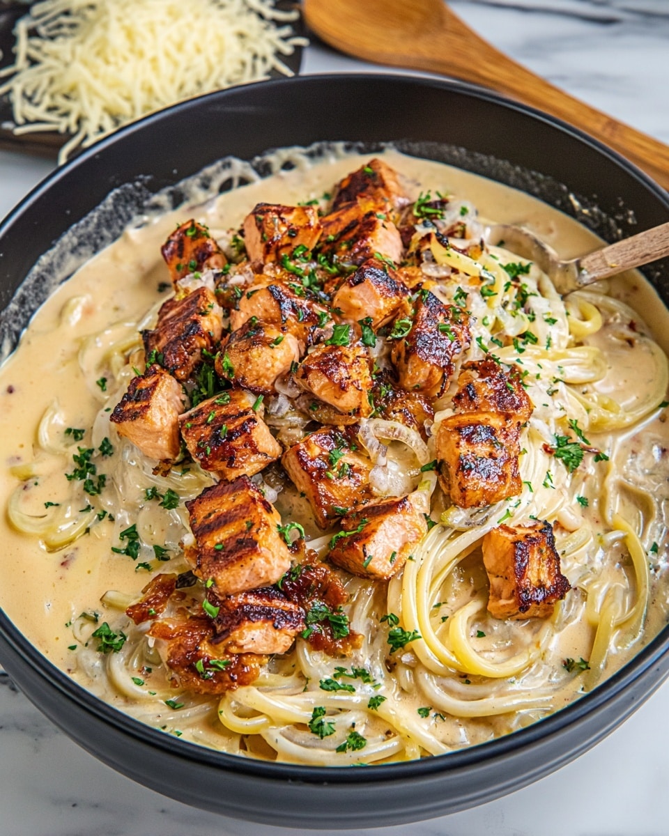 A black bowl filled with creamy light beige spaghetti on the bottom, coated in a smooth sauce that looks rich and thick. On top of the spaghetti, there are many pieces of grilled salmon, cut into chunky squares with a crispy browned surface and a slightly pink inside. Small green parsley leaves are sprinkled over the salmon and the sauce, adding a fresh touch of color. The bowl sits on a white marbled surface with a wooden spoon containing shredded cheese visible in the background. photo taken with an iphone --ar 4:5 --v 7
