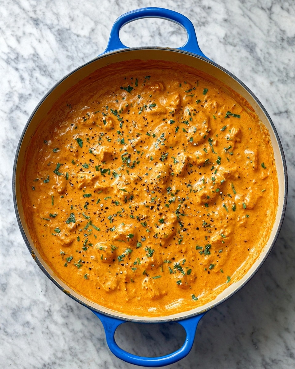A round blue pot filled with a thick creamy orange sauce with visible small chunks of food mixed in, dotted with dark green herbs and black pepper flakes spread evenly on the surface; the pot is placed on a white marbled textured surface with two handles shown at the top and bottom. photo taken with an iphone --ar 4:5 --v 7
