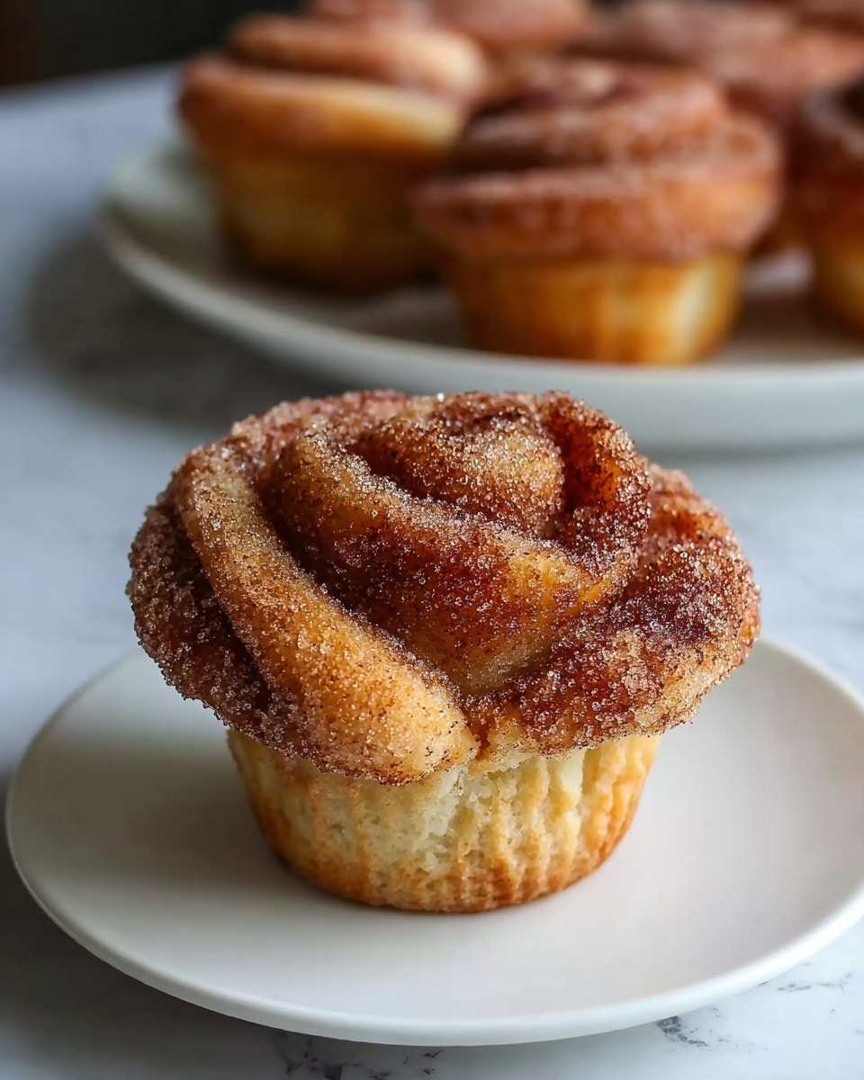 A single cinnamon roll muffin sits on a white plate placed on a white marbled textured surface. The muffin has several layers: the bottom layer is a light golden brown soft bread base, slightly ribbed from the baking cup. Above it, thick swirls of cinnamon dough form a rose-like shape with a rich brown cinnamon sugar coating that sparkles with sugar crystals, giving it a grainy texture all over. In the softly blurred background, a white plate holds several more cinnamon roll muffins. Photo taken with an iphone --ar 4:5 --v 7