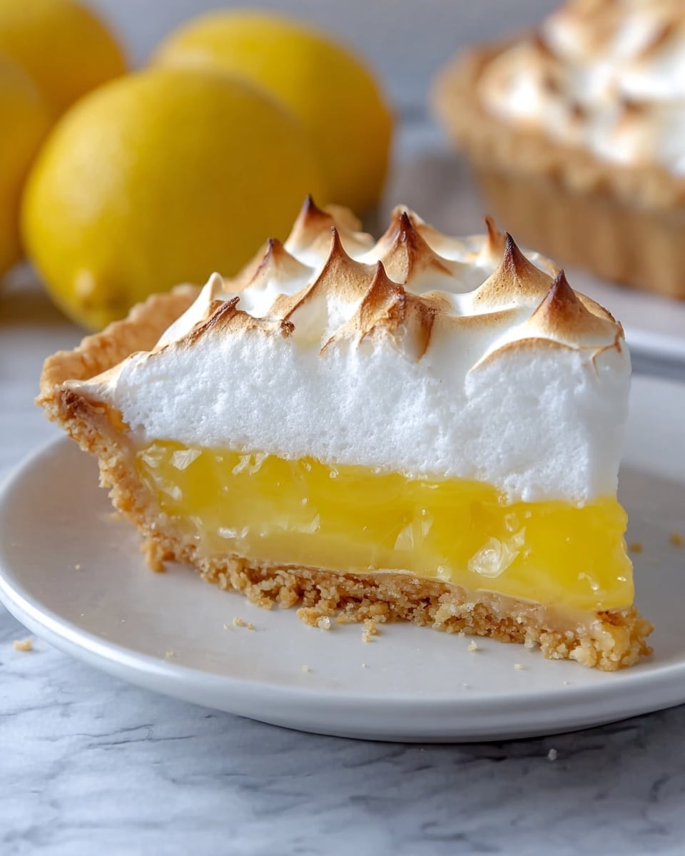 A close-up of a slice of lemon meringue pie on a white plate showing three layers: the bottom golden brown crumbly crust, the middle bright yellow glossy lemon filling with a slightly jelly-like texture, and the top fluffy white meringue layer with light brown toasted peaks. There are lemon fruits blurred in the background on a white marbled surface. photo taken with an iphone --ar 4:5 --v 7