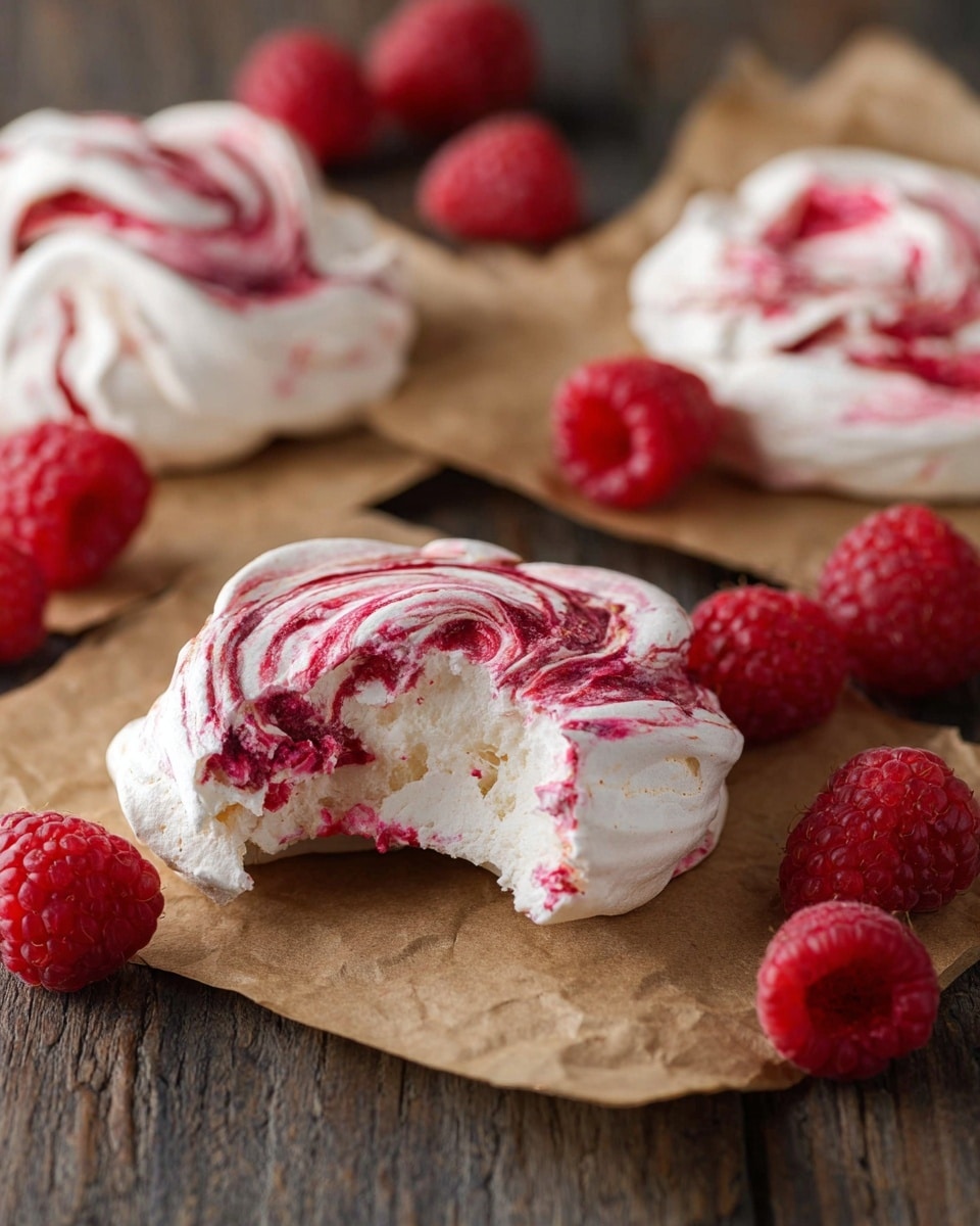 The image shows three small round meringue cookies with a white, crisp, and slightly cracked outer layer, each topped with swirls of bright red raspberry sauce creating a marbled pattern. One meringue has a bite taken out, revealing a light and airy inside with pinkish patches from the raspberry mixture. They sit on pieces of brown parchment paper placed on a dark wooden table. Around the meringues, fresh, bright red raspberries are scattered, adding vibrant color contrast. The scene is lit softly, emphasizing the texture of the meringues and the vivid fruit. Photo taken with an iphone --ar 4:5 --v 7