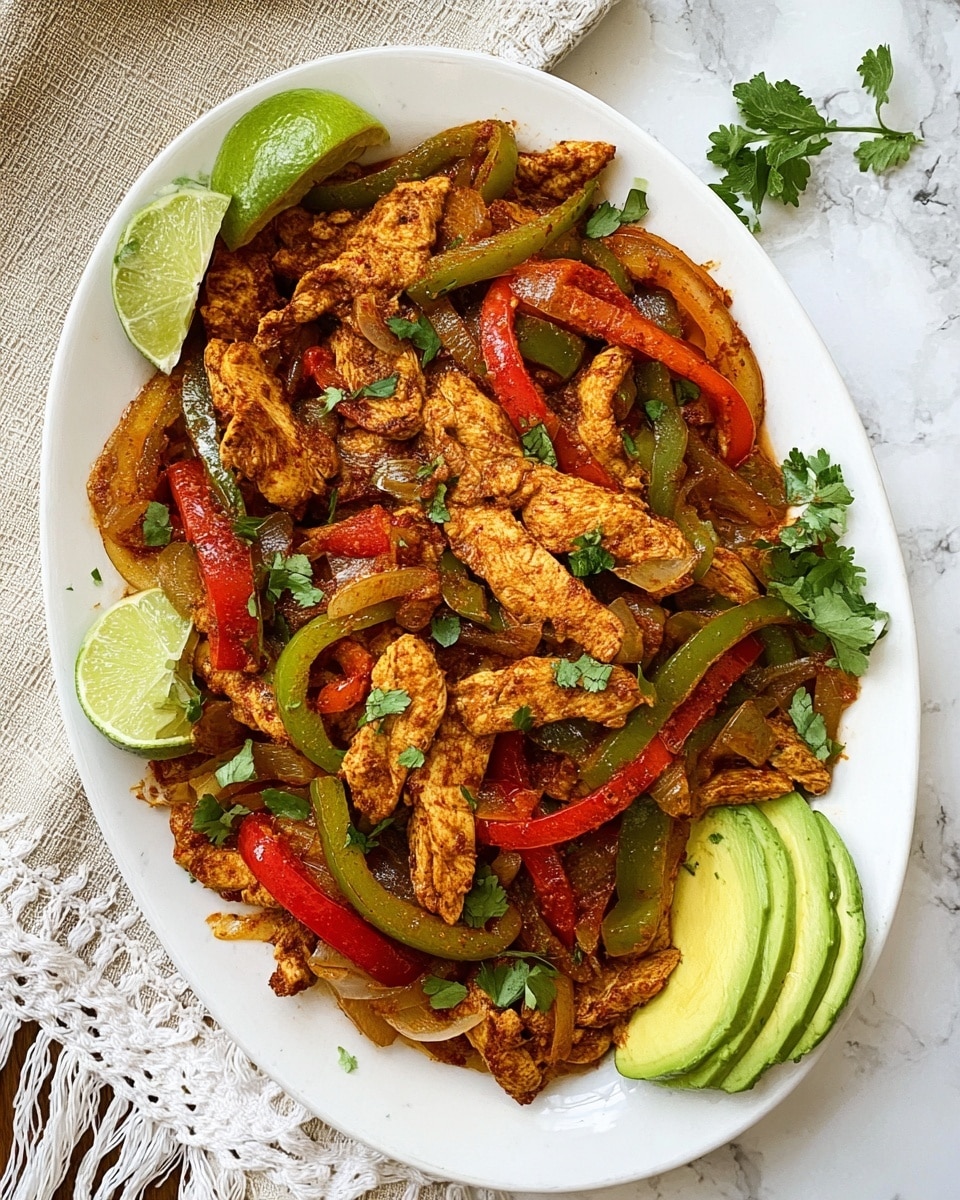 The dish is served on a large white oval plate filled with cooked chicken strips mixed with sautéed bell peppers in red, green, and yellow colors, along with translucent cooked onion slices, all coated in a rich brownish-red seasoning. The chicken and vegetables layer is garnished with fresh green cilantro leaves scattered throughout, adding a touch of brightness. Two lime wedges rest on the top edge of the plate, and three slices of fresh avocado fan out at the bottom right, with extra cilantro placed underneath. The plate sits on a white marbled surface with a beige cloth featuring white fringes visible at the top left corner. photo taken with an iphone --ar 4:5 --v 7