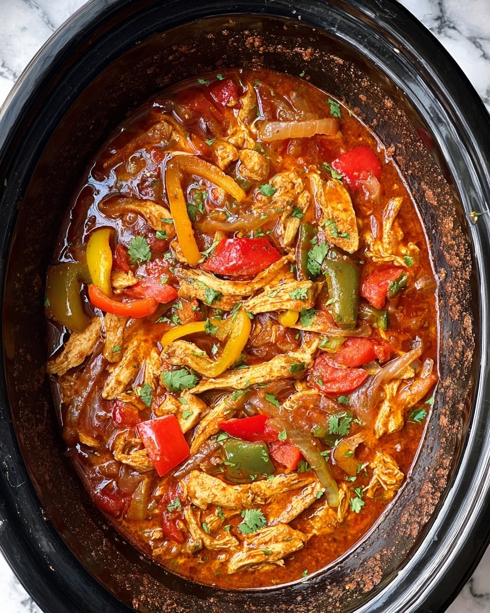 The image shows a slow cooker filled with a colorful stew. The top layer has strips of cooked light brown chicken, mixed with pieces of red, yellow, and green bell peppers, and sliced onions that are slightly translucent. These ingredients float in a rich, reddish-brown sauce with a glossy texture. Small green herb pieces, possibly cilantro, are sprinkled throughout the dish, adding a fresh touch. The edges of the slow cooker have some sauce splatters, showing it has been simmering. The background is a white marbled texture. photo taken with an iphone --ar 4:5 --v 7