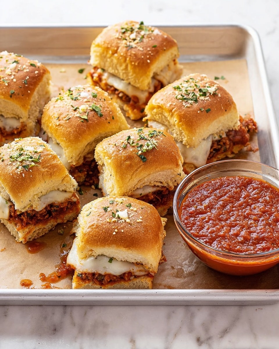 The image shows a white rectangular baking tray lined with light brown parchment paper, holding eight square mini sandwiches. Each sandwich has a soft, golden-brown top bun sprinkled with chopped green herbs and bits of minced garlic. Between the buns, there is one visible layer of melted white cheese and a thick, textured layer of reddish-brown filling, likely meat or sauce. To the right of the tray, there is a clear glass bowl filled with chunky red marinara sauce. The whole scene is set on a white marbled textured surface. photo taken with an iphone --ar 4:5 --v 7