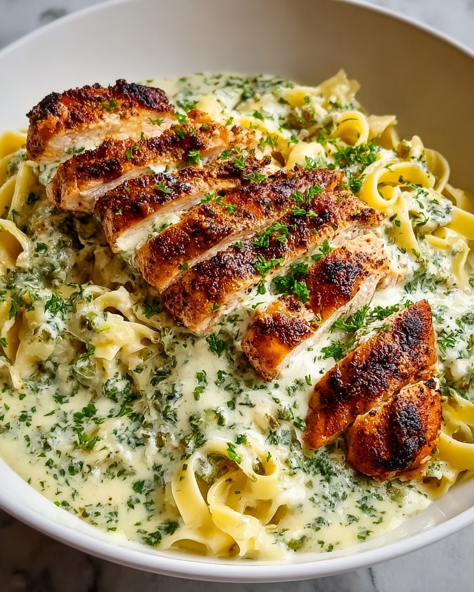 A white bowl filled with a base of creamy white sauce mixed with finely chopped green herbs, covering a bed of pale yellow fettuccine noodles that peek through the sauce. On top, there are five thick pieces of grilled chicken breast with a browned, slightly charred crust, sliced to reveal tender white meat inside. The creamy herb sauce generously coats the chicken, and small bits of green parsley are sprinkled over the top. The bowl is placed on a white marbled surface. photo taken with an iphone --ar 4:5 --v 7