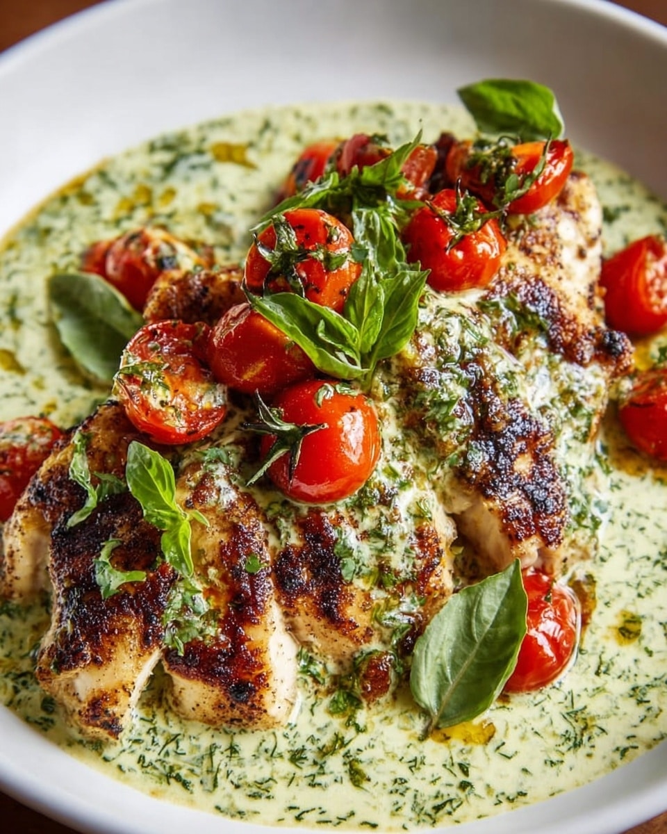 A white plate holds a dish with three main layers: at the bottom is a creamy light green sauce mixed with herbs, above it are several pieces of golden-brown grilled chicken showing dark char marks, and on top are bright red cherry tomato halves and fresh green basil leaves scattered around, adding pops of color and texture. The sauce looks smooth with visible green herbs more concentrated near the edges of the chicken, while the tomatoes appear juicy and slightly roasted with a shiny surface. The fresh basil leaves are placed as garnish, contrasting the cooked elements beneath them, all set on a white marbled texture. photo taken with an iphone --ar 4:5 --v 7