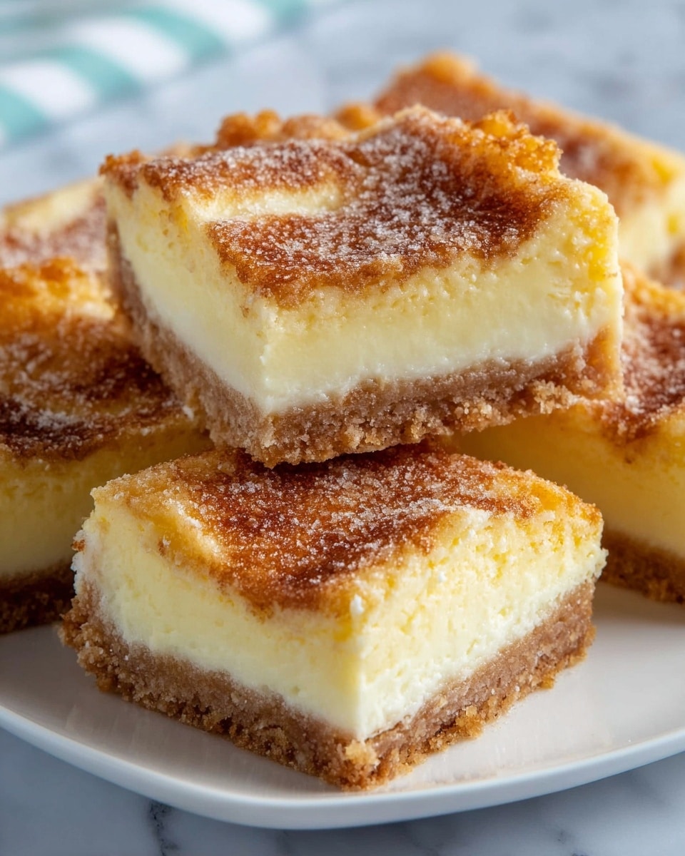 This image shows four square pieces of a creamy dessert on a white plate, placed on a white marbled surface. Each piece has three visible layers: a crumbly, light brown crust at the bottom, a thick creamy yellow middle layer, and a golden brown top layer that looks slightly crispy with a light sugary texture. The edges of the dessert pieces are clean and slightly crumbly with a soft, smooth cream center. The close-up view captures the texture details clearly. photo taken with an iphone --ar 4:5 --v 7