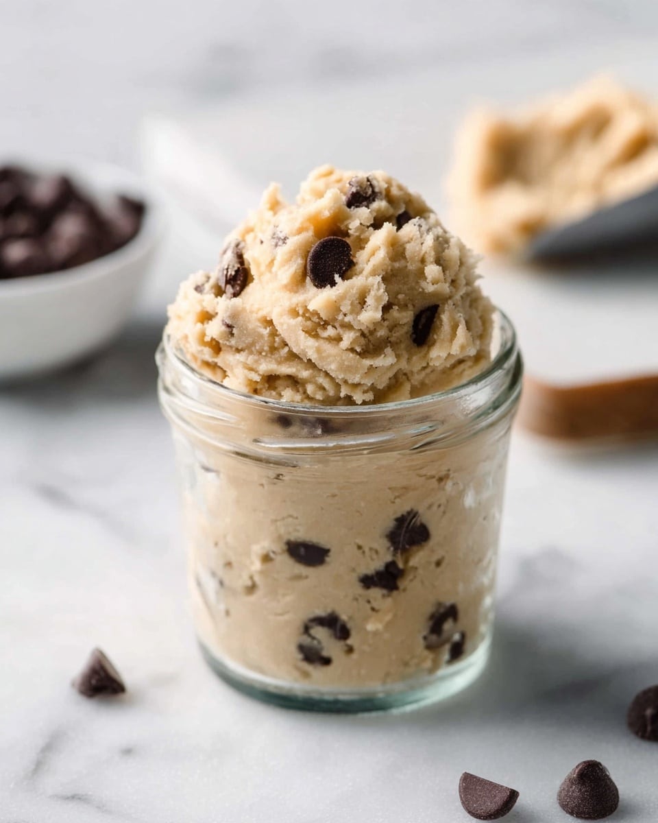 A clear glass jar filled to the top with light beige cookie dough mixed with dark brown chocolate chips, the dough slightly mounded above the rim with a rough, creamy texture. In the background, a small white bowl holds more chocolate chips, and a few chocolate chips are scattered on a white marbled surface, with a blurred scoop of cookie dough visible on the right side. The overall scene is simple and clean, highlighting the texture and color contrast of the dough and chips. photo taken with an iphone --ar 4:5 --v 7