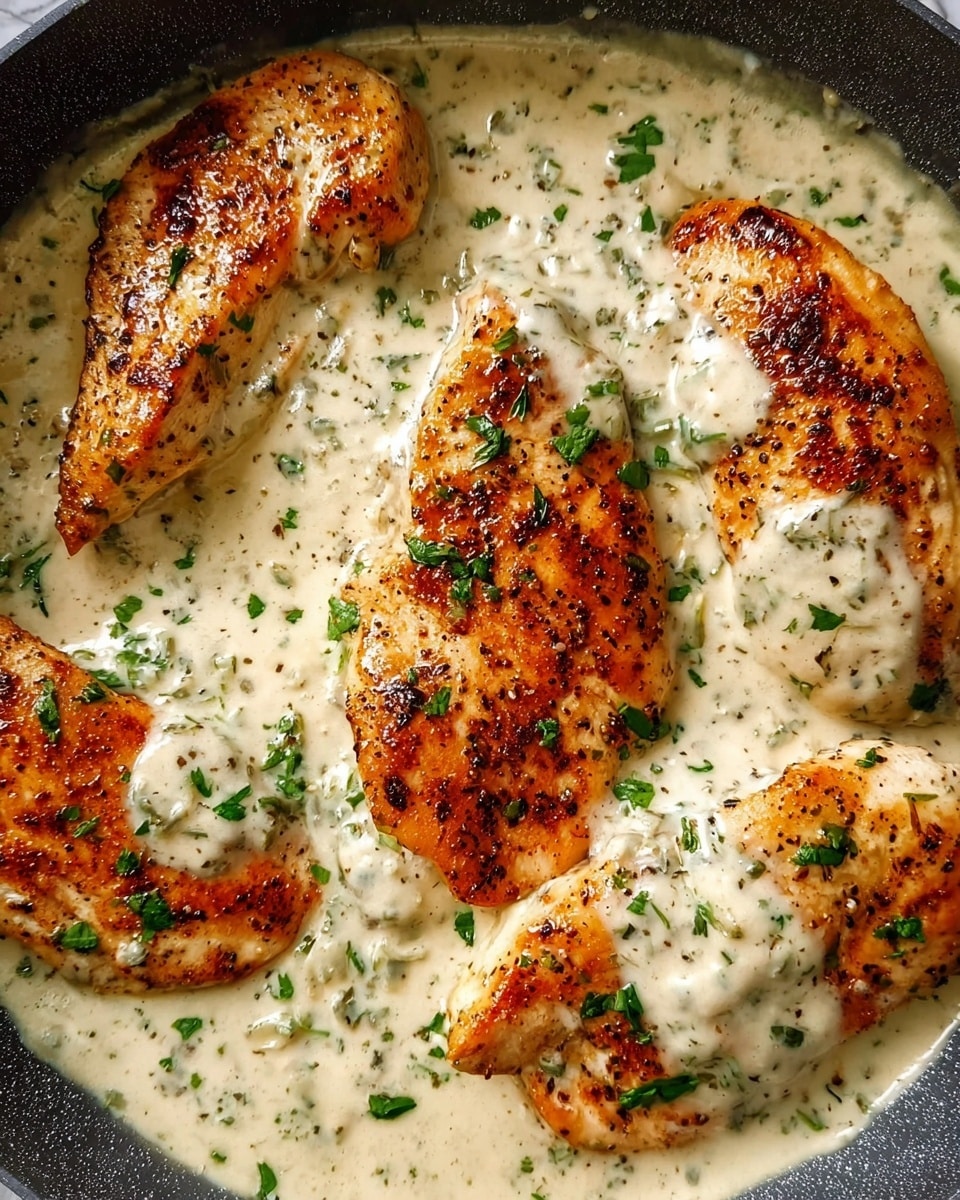 A close-up of a cooked chicken breast piece held on a spoon, showing a golden-brown grilled top layer with a slightly crisp texture, and a thick creamy sauce with green herbs coating it. The chicken inside is white and tender with visible texture lines. The spoon is dipping into a pan filled with the same creamy sauce that has a smooth, slightly speckled appearance with chopped green herbs scattered throughout. The background features more pieces of chicken in the sauce, all sitting on a white marbled surface. photo taken with an iphone --ar 4:5 --v 7