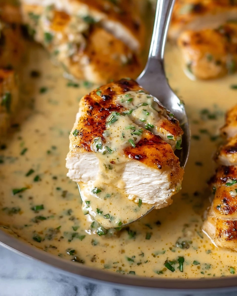 The image shows five pieces of golden brown grilled chicken breasts covered in a creamy white sauce with visible herbs. The chicken pieces have a slightly charred texture with black pepper and small green herb bits on top. The creamy sauce surrounds the chicken, pooling around the pieces with a smooth and slightly thick texture. The chicken is in a pan with a dark interior, and the surface beneath the pan is a white marbled texture. The dish looks rich and moist with fresh green herbs sprinkled over it. photo taken with an iphone --ar 4:5 --v 7