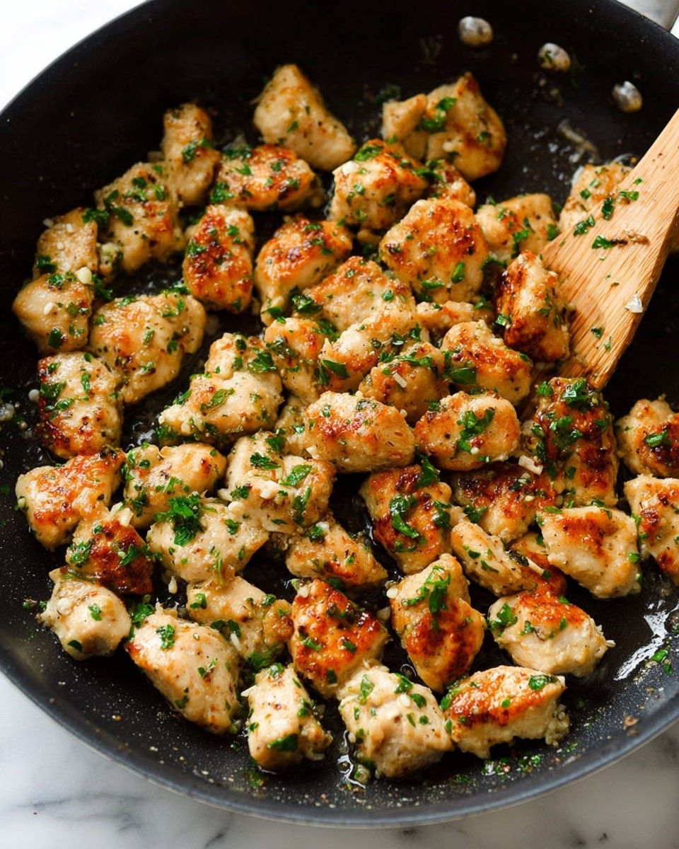 The image shows a close-up of a black frying pan filled with small, golden-brown chicken pieces that are sautéed and sprinkled with fresh green herbs. The chicken pieces have a slightly crispy texture with a mix of light and darker brown spots, indicating they are well-cooked. A wooden spatula rests in the pan, partially lifting some chicken pieces, which glisten with oil and seasoning. The pan is set on a white marbled surface. Photo taken with an iphone --ar 4:5 --v 7