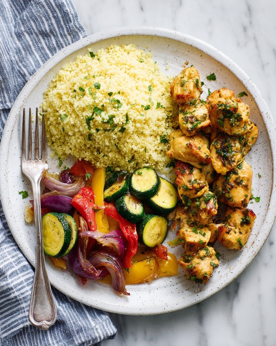 A white speckled plate holds three sections of food arranged side by side: on the left, a mound of light yellow couscous with a fluffy texture, sprinkled lightly with green herbs; in the middle bottom, a colorful mix of grilled vegetables including green zucchini, yellow squash, red bell pepper, and purple onion, all slightly charred and shiny with oil; on the right, a pile of golden-brown cooked chicken pieces covered with green herb bits giving a fresh look. A silver fork rests on the left side of the plate, placed on a white marbled surface next to a blue and white striped cloth napkin. photo taken with an iphone --ar 4:5 --v 7