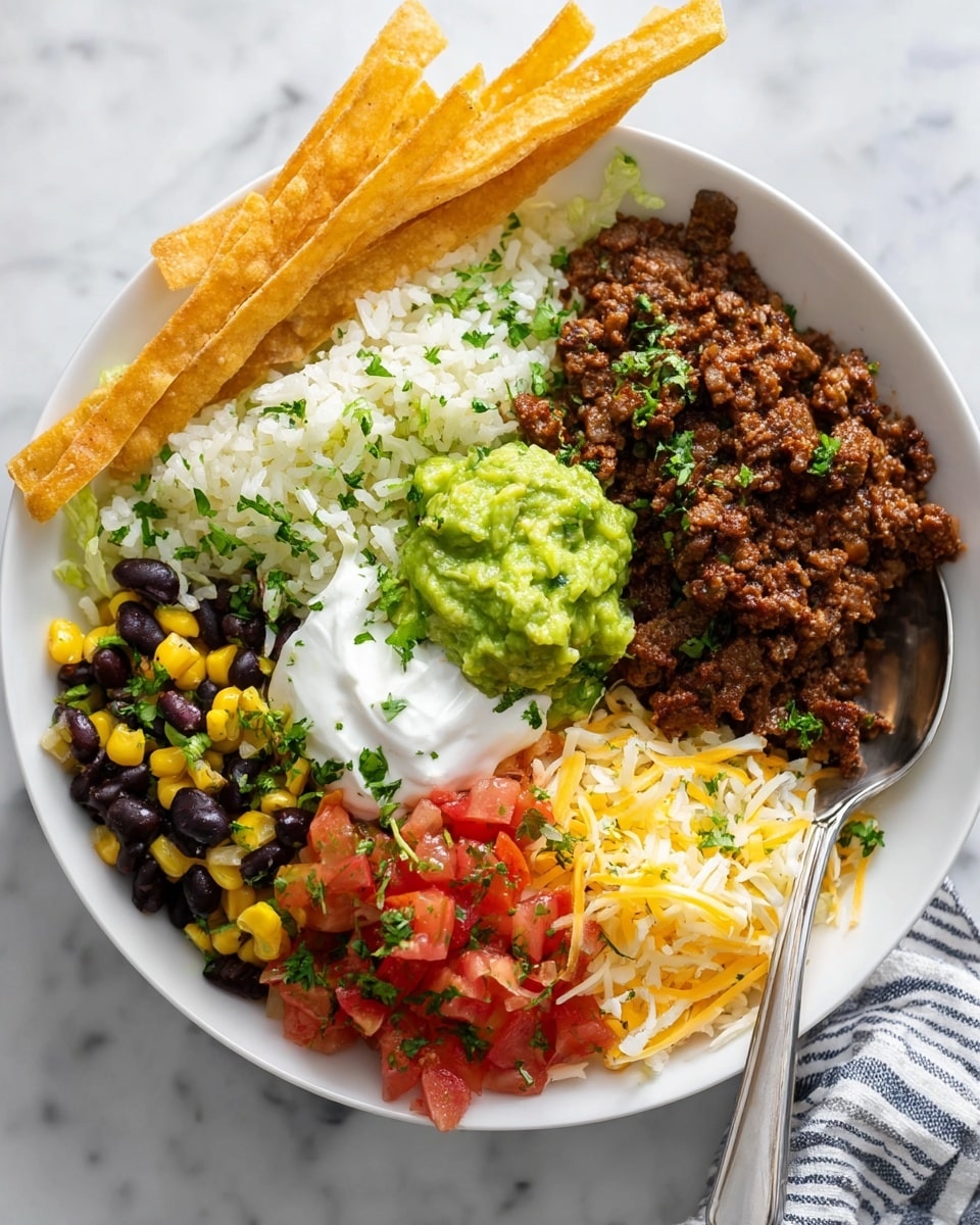 A white bowl on a white marbled texture holds a colorful layered dish, with six main sections. Starting from the top right, golden brown crispy tortilla strips lay across the bowl's edge. Next to it is a mound of white fluffy rice with green herbs mixed in, leaning against a generous portion of dark brown cooked ground beef with visible small bits of onion and herbs. Above the beef is a green scoop of creamy guacamole. To the left of the guacamole is a vibrant mix of black beans, yellow corn, and chopped green peppers. Below this is a dollop of white sour cream beside chopped bright red tomatoes sprinkled with green herbs. Finally, a pile of shredded yellow and white cheese occupies the bottom left section. A silver spoon rests on the beef, with its handle extending outside the bowl. Photo taken with an iphone --ar 4:5 --v 7