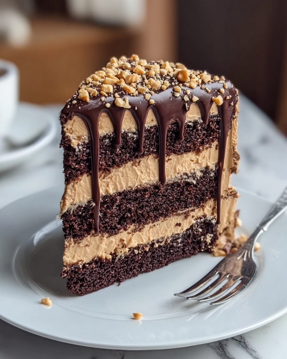A slice of three-layer chocolate cake sits on a white plate placed on a white marbled surface. The cake has rich, dark chocolate sponge layers alternating with light brown creamy frosting layers. The top layer is covered with smooth light brown frosting, drizzled with glossy dark chocolate ganache that drips down the sides, and sprinkled generously with small bits of crushed nuts. The background is softly blurred, focusing attention on the detailed textures of the cake. photo taken with an iphone --ar 4:5 --v 7