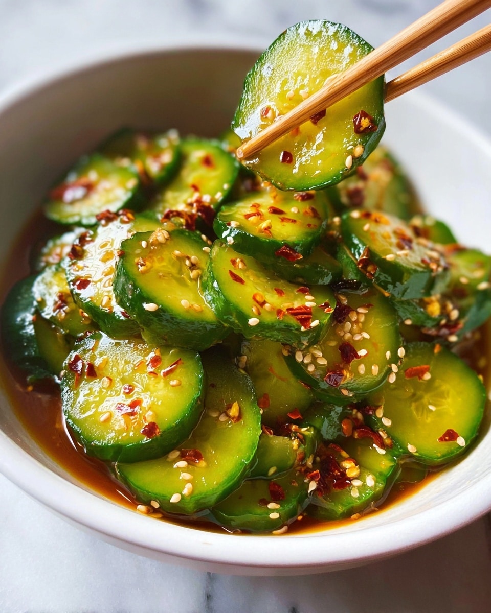 A white bowl filled with bright green cucumber slices, each slice thin and glossy with a fresh, wet texture, coated lightly in a reddish-brown spicy sauce. The cucumber pieces are sprinkled generously with small white sesame seeds and tiny red chili flakes. In the foreground, a pair of light brown wooden chopsticks holds up three cucumber slices, showing their fresh, crisp edges against the bowl's contents. The bowl sits on a white marbled surface. photo taken with an iphone --ar 4:5 --v 7