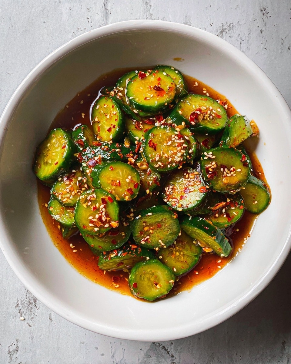 A white bowl filled with sliced cucumbers coated in a shiny, reddish-brown sauce. The cucumber slices are bright green with a slight glossy texture, layered unevenly with some pieces overlapping. There are small white sesame seeds sprinkled all over the top along with crushed red chili flakes adding a touch of dark red color. The sauce pools slightly at the bottom of the bowl, creating a wet, glossy look. The bowl sits on a white marbled textured surface. photo taken with an iphone --ar 4:5 --v 7