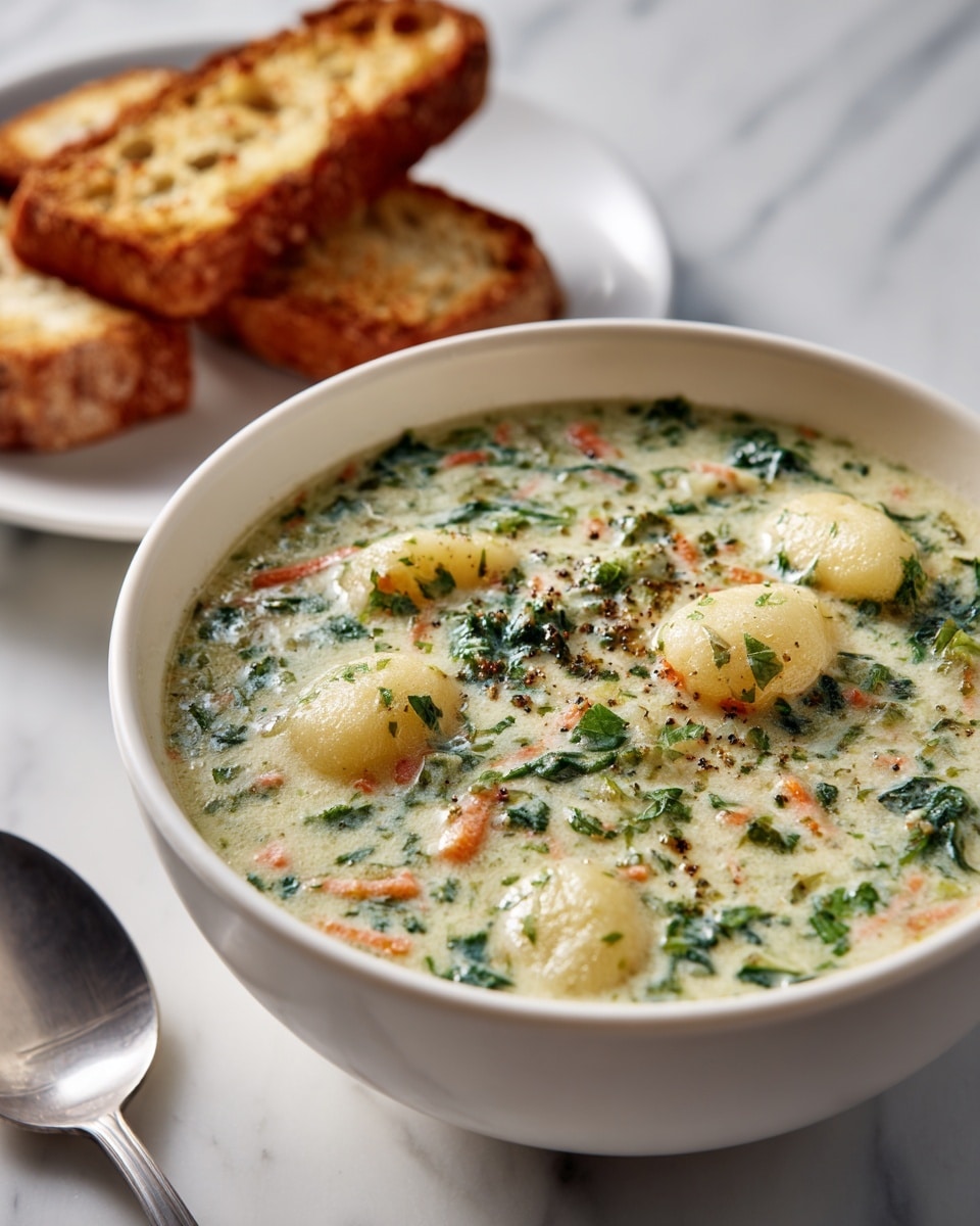 A white bowl filled with creamy, thick soup that has a pale greenish-white base mixed with small bits of green leafy vegetables, orange carrot shreds, and herbs spread throughout. Several plump, soft pieces of gnocchi float in the soup, coated in the creamy mixture. In the background, two golden-brown toasted breadsticks rest on a white plate, slightly out of focus. A metal spoon lies next to the bowl on a white marbled surface. The scene is bright and inviting, showing a comforting bowl of soup. photo taken with an iphone --ar 4:5 --v 7