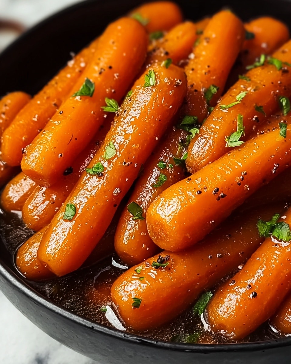 A close-up view of a black bowl filled with glossy, cooked baby carrots. The carrots are bright orange, coated in a shiny glaze with black pepper specks and sprinkled with small bits of fresh green herbs. The glaze has a slightly thick texture, pooling lightly at the bottom of the bowl. The carrots are layered closely together, showing their smooth, slightly wrinkled skins, with some overlapping each other. The background is a white marbled texture. photo taken with an iphone --ar 4:5 --v 7