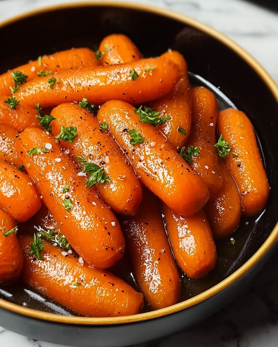 A close-up image of a bowl filled with shiny cooked baby carrots that are bright orange and glossy with a sticky sauce. The carrots are sprinkled with small black pepper specks and coarse salt crystals, topped with small green parsley pieces. The bowl is black with a thin gold rim, and it sits on a white marbled surface. Photo taken with an iphone --ar 4:5 --v 7