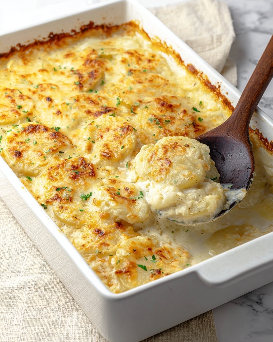 The image shows a white rectangular baking dish filled with creamy scalloped potatoes. The top layer is golden-brown melted cheese with small browned spots and scattered green chive pieces. Beneath the cheese layer, there are tender, thinly sliced potatoes in a creamy white sauce, visible where a wooden spoon lifts a portion. The lifted slice reveals multiple soft potato layers, slightly browned and covered in sauce. The dish rests on a white marbled surface, and a cream textured cloth is partly visible at the top left corner. photo taken with an iphone --ar 4:5 --v 7