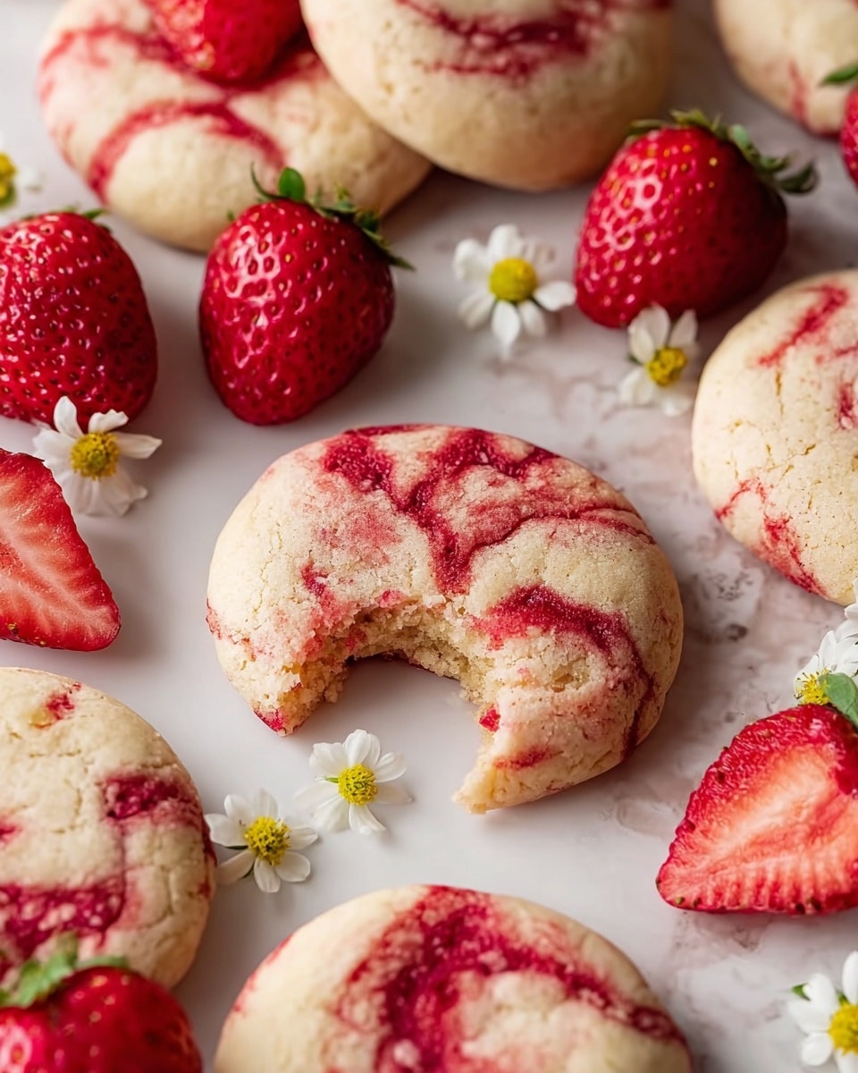 The image shows a close-up of soft, round cookies with a light beige base color and red swirls mixed throughout, giving a marbled effect. One cookie in the center has a bite taken out, revealing a soft, crumbly inside layer. Around the cookies, there are bright red strawberries, some whole and some cut in half, showing their juicy interior. Small white flowers with yellow centers are scattered among the cookies and strawberries, all placed on a white marbled surface, adding a fresh and natural feel. Photo taken with an iphone --ar 4:5 --v 7