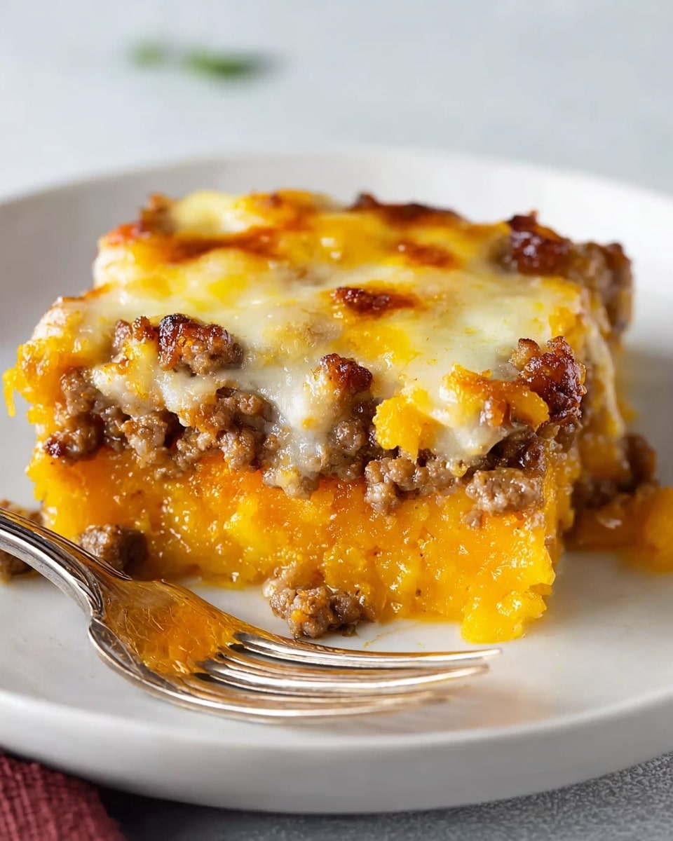A single square piece of casserole sits on a white plate with a shiny silver fork beside it. The dish has three visible layers: the bottom layer is a soft yellow-orange base made of cooked squash or sweet potatoes; the middle layer is made of browned ground meat, light to dark brown with a crumbly texture; the top layer is melted cheese, golden and bubbly with some browned spots. The edges of the cheese drip down slightly over the meat and yellow layer, and the texture looks gooey and rich. Photo taken with an iphone --ar 4:5 --v 7