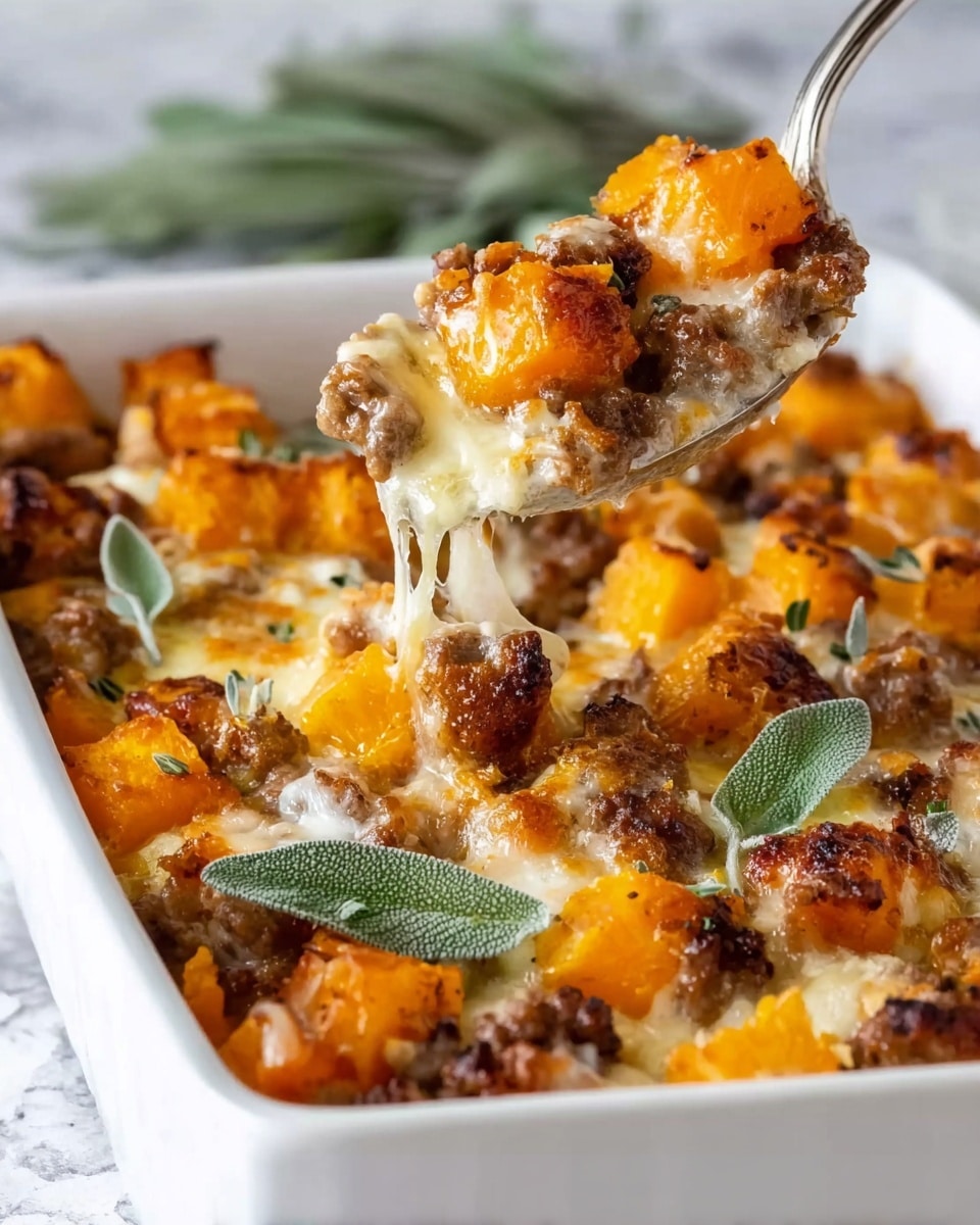 A white rectangular dish filled with a baked mixture showing three main layers: soft orange butternut squash cubes, browned cooked ground sausage pieces, and a creamy melted cheese layer that blankets the ingredients, slightly browned on top. Scattered on the surface are fresh green sage leaves. A silver spoon is lifting a portion, revealing the mix of orange squash and brown sausage with the creamy cheese stringing between. The dish sits on a white marbled texture. photo taken with an iphone --ar 4:5 --v 7