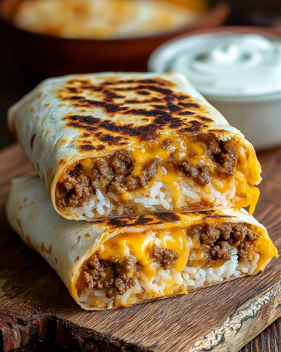 A toasted burrito cut in half shows its inside layers clearly; the outer layer is a golden brown grilled tortilla with dark brown grill marks. Inside, there is a layer of melted, gooey orange-yellow cheese mixed with cooked ground beef that is brown and crumbly, and white rice that looks soft and tender. The burrito halves are stacked on a rustic wooden surface with a white marbled texture background slightly visible. In the blurred background, there is a white bowl of white sour cream and part of another dish. Photo taken with an iphone --ar 4:5 --v 7