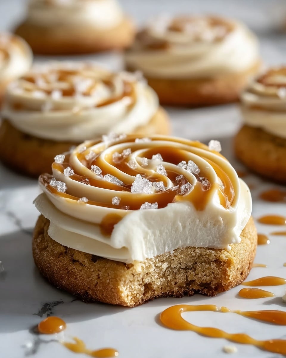 The image shows a single cookie with two layers on a white marbled surface. The bottom layer is a thick, golden-brown cookie base with a slightly crumbly texture. The top layer is a thick swirl of smooth, creamy white frosting that covers the cookie fully. Caramel sauce is drizzled in a spiral pattern over the frosting, and large white sugar crystals are sprinkled on top. Other cookies like this can be seen blurred in the background, also on the white marbled surface with some caramel drops around them. Photo taken with an iphone --ar 4:5 --v 7