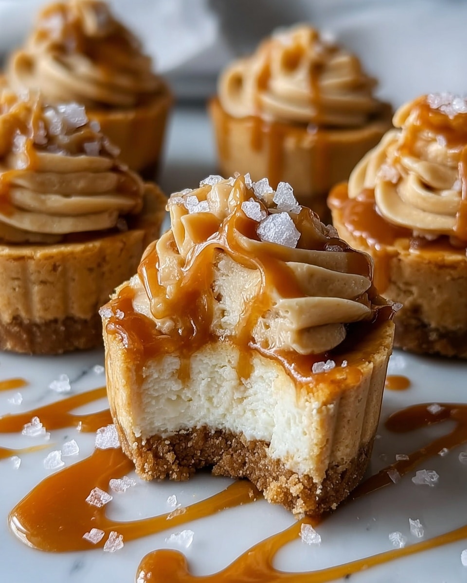 The image shows small cheesecake cups with three layers, the bottom layer is a crumbly light brown crust, the middle layer is a smooth, creamy off-white cheesecake filling, and the top layer is a thick swirl of light caramel-colored frosting with a shiny caramel drizzle on top. Large crystals of sea salt are sprinkled on the frosting and around the cheesecake cups. The cheesecakes are placed on a white marbled surface with more caramel sauce drizzled around. One of the cheesecake cups in the front has a bite taken out, showing the inside layers clearly. Photo taken with an iphone --ar 4:5 --v 7