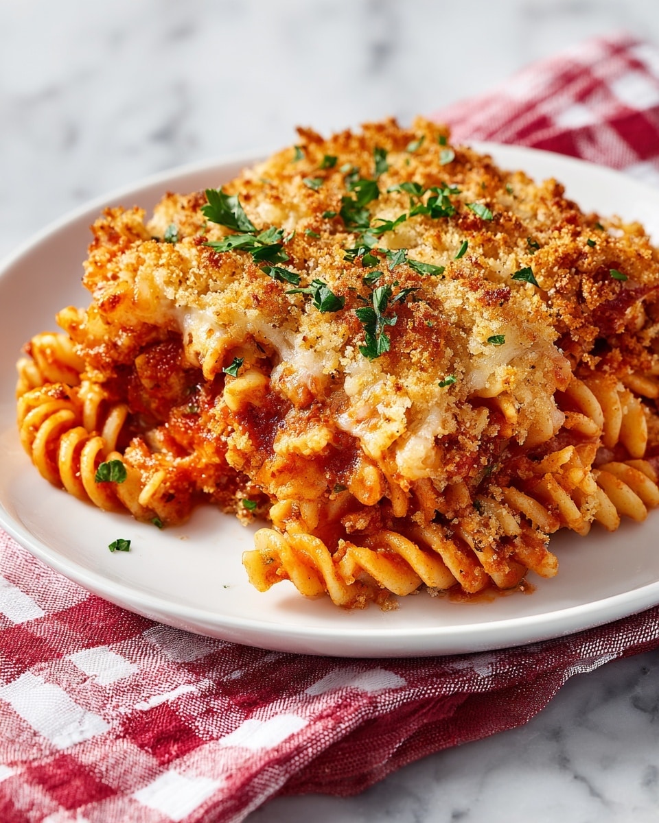 A close-up view of a two-layer pasta bake served on a white plate. The bottom layer shows spiral pasta coated in a rich red tomato sauce, mixed with some cheese melted and browned slightly. The top layer is a golden, crispy breadcrumb crust with a few green parsley leaves scattered on top for color. The plate rests on a red and white checkered cloth over a white marbled surface. Photo taken with an iphone --ar 4:5 --v 7