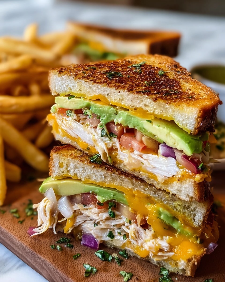 A close-up view of a thick sandwich cut diagonally in half, stacked with three layers of toasted golden brown bread that show a crispy texture on the outside. Between the bread layers, there is shredded cooked chicken with a light golden color forming the middle thick layer. Above and below the chicken, there are bright green slices of avocado with a smooth texture. There are thin slices of melted yellow cheddar cheese flowing over the tomato slices and red onion pieces on the bottom layer. Small green herb bits are sprinkled on top and around the sandwich, which sits on a wooden board. In the background, slightly blurred, there are golden French fries and a similar sandwich. The surface has a white marbled texture. photo taken with an iphone --ar 4:5 --v 7