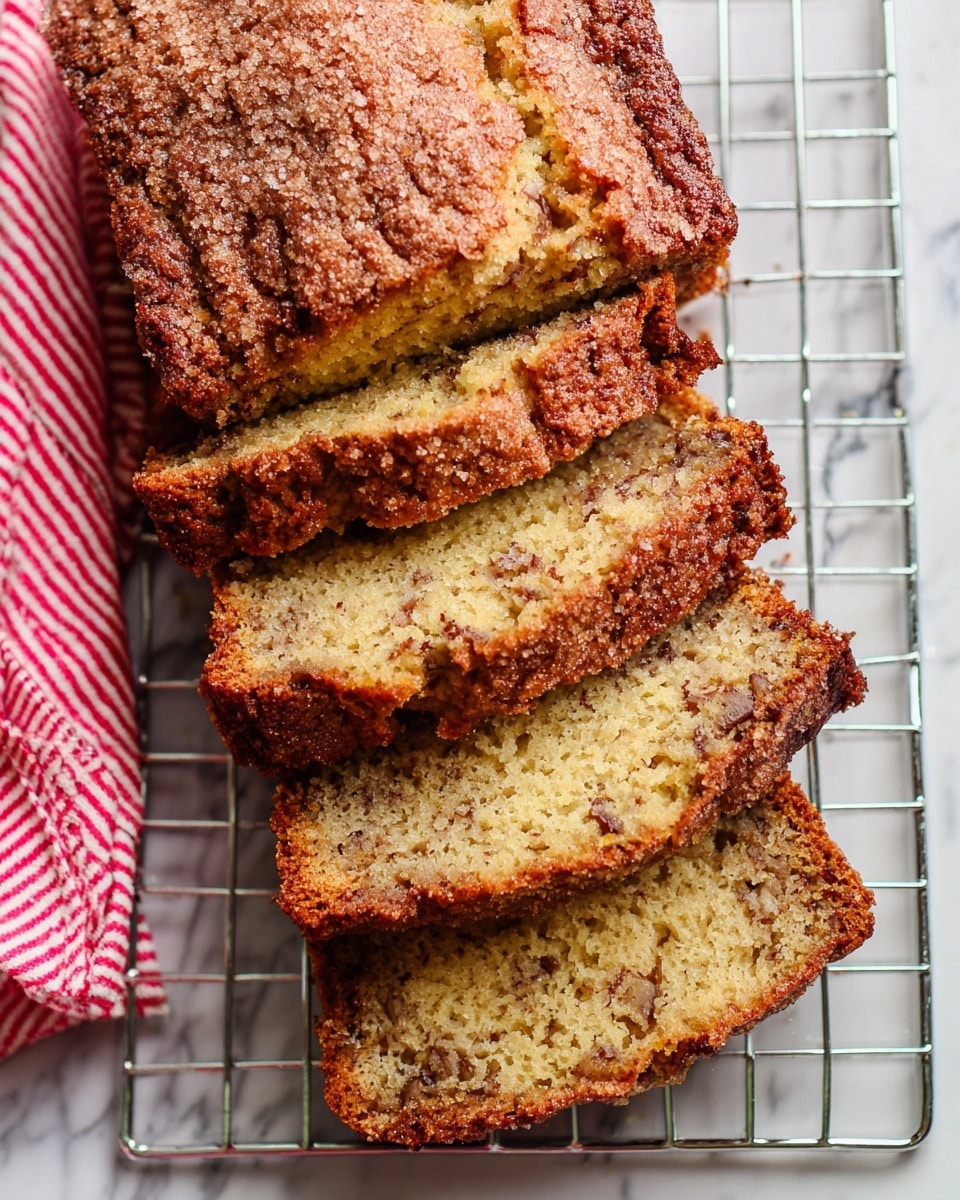 A sliced loaf of banana bread with four thick slices resting on a cooling rack, showing a golden brown, slightly crunchy top layer with a dusting of sugar, beneath which is a light yellow, moist and crumbly interior mixed with darker specks of banana or nuts. The crust at the bottom is darker and crispier, adding texture contrast. The cooling rack sits on a white marbled surface with a red and white striped cloth in the background. photo taken with an iphone --ar 4:5 --v 7