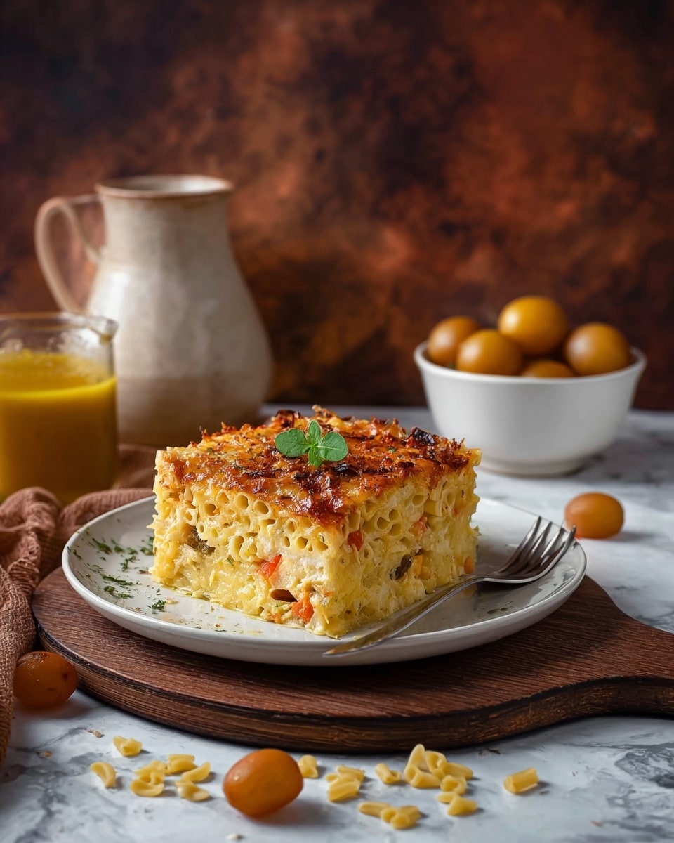 A thick square piece of baked pasta casserole is centered on a white plate, showing a golden-brown top layer with melted crispy cheese and light sprinklings of herbs, garnished with a small green leaf on top. The main body of the casserole is creamy yellow with visible bits of finely diced vegetables like carrots and onions, giving a soft texture. On the front of the plate near the dish, a white woman's hand holds a fork resting beside the casserole. The plate sits on a brown wooden board on a white marbled surface, with some small broken pieces of pasta scattered around in front. In the background, there is a ceramic jug filled with yellow sauce on the left and a white bowl of small round golden brown fruits on the right, all set against a dark backdrop with warm, textured patches of light brown color. Photo taken with an iphone --ar 4:5 --v 7