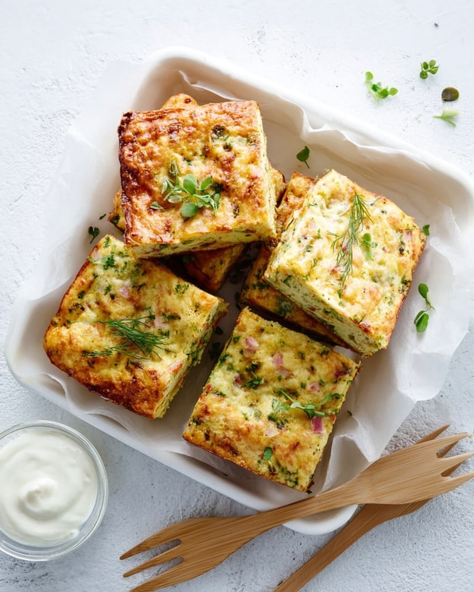 The image shows five square pieces of a baked dish that looks soft and fluffy, with a golden brown top and visible green herbs and bits of pink inside, placed inside a white container. The surface of the squares has a slightly crispy texture with some small green leaves scattered on top for garnish. Next to the container, there are two wooden forks placed on a white marbled textured surface, along with a small glass bowl of white sauce or cream. The overall setting is bright with natural light highlighting the textures and colors. photo taken with an iphone --ar 4:5 --v 7