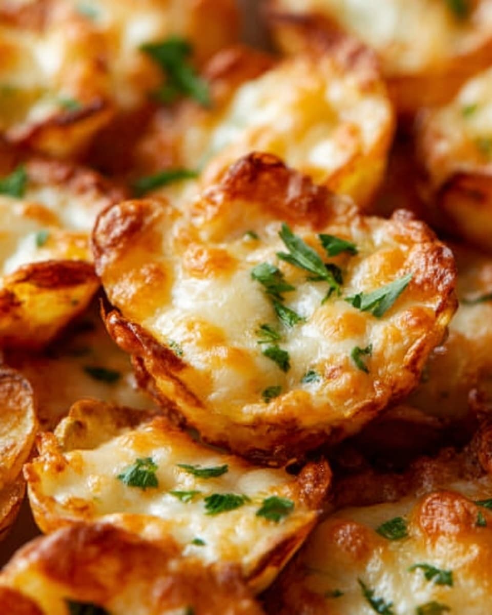 The image shows close-up golden brown mini potato cups filled with melted white and light golden cheese. Each cup has a crispy textured edge and is garnished with small green parsley leaves scattered on top. The potato cups are tightly packed together, focusing on their bubbly, slightly browned cheese layer with a soft, creamy center. The overall look is warm and appetizing. Photo taken with an iphone --ar 4:5 --v 7