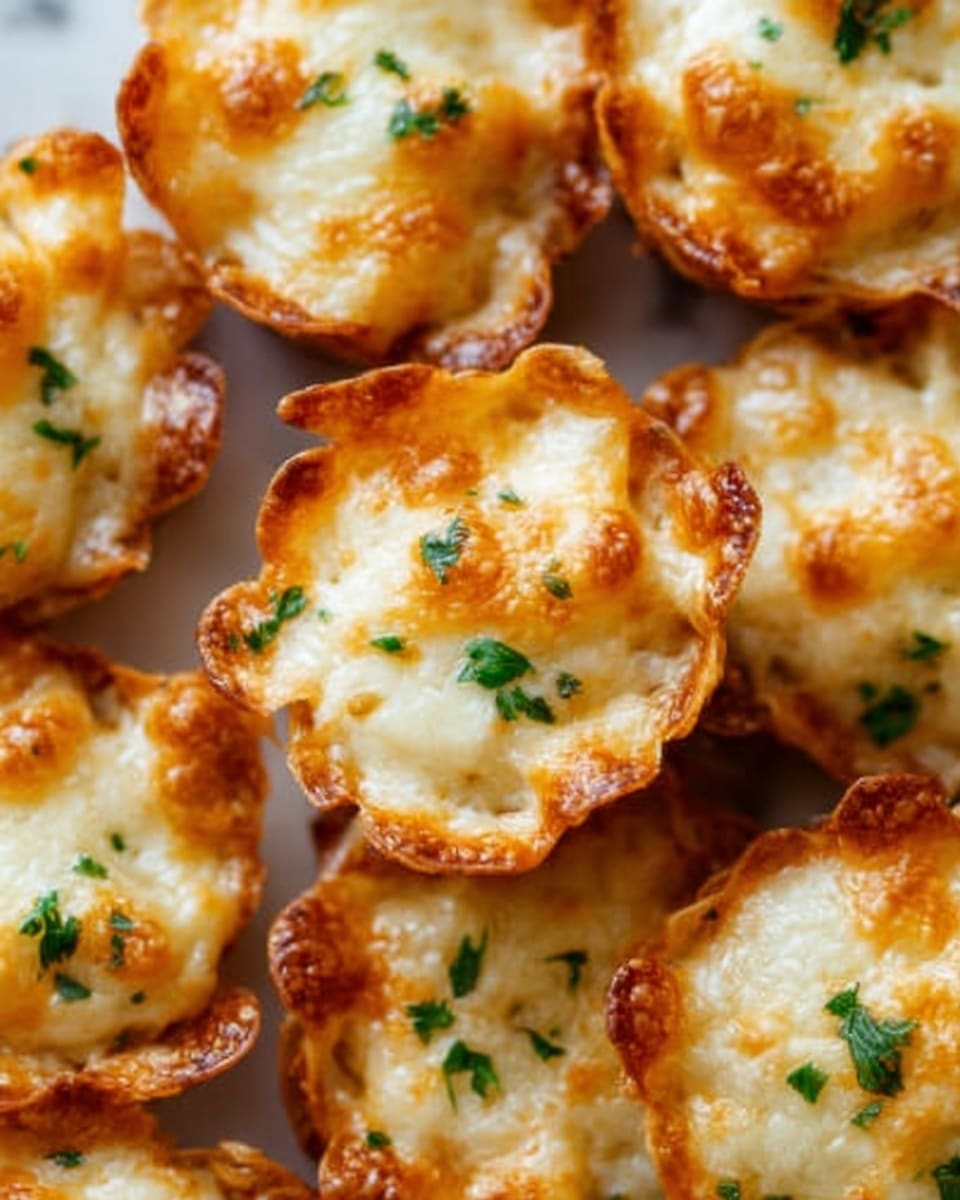 The image shows a close-up of several small, round baked bites arranged tightly together. Each bite has a crispy golden-brown base that looks crunchy and layered with a gooey, melted cheese topping that bubbles slightly on top. Small green parsley pieces are sprinkled on the melted cheese, adding a fresh touch. The texture contrasts between the crisp base and creamy cheese are very clear. The overall color palette is warm with golden brown, creamy white, and green highlights on a white marbled surface. photo taken with an iphone --ar 4:5 --v 7