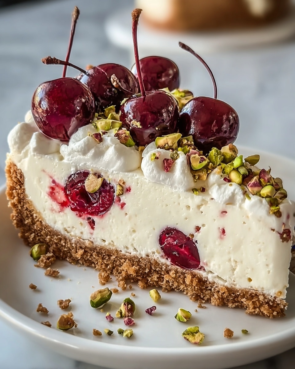 A slice of cheesecake is shown on a white plate placed on a white marbled surface. It has three main layers: a crumbly brown crust at the bottom, a thick creamy white middle layer with visible red fruit swirls inside, and a white whipped cream topping decorated with shiny dark red cherries with stems, chopped green pistachios, and crumbs scattered over the top and around the slice. The texture of the cream looks smooth and light, contrasting with the dense crust and glossy cherries. Photo taken with an iphone --ar 4:5 --v 7