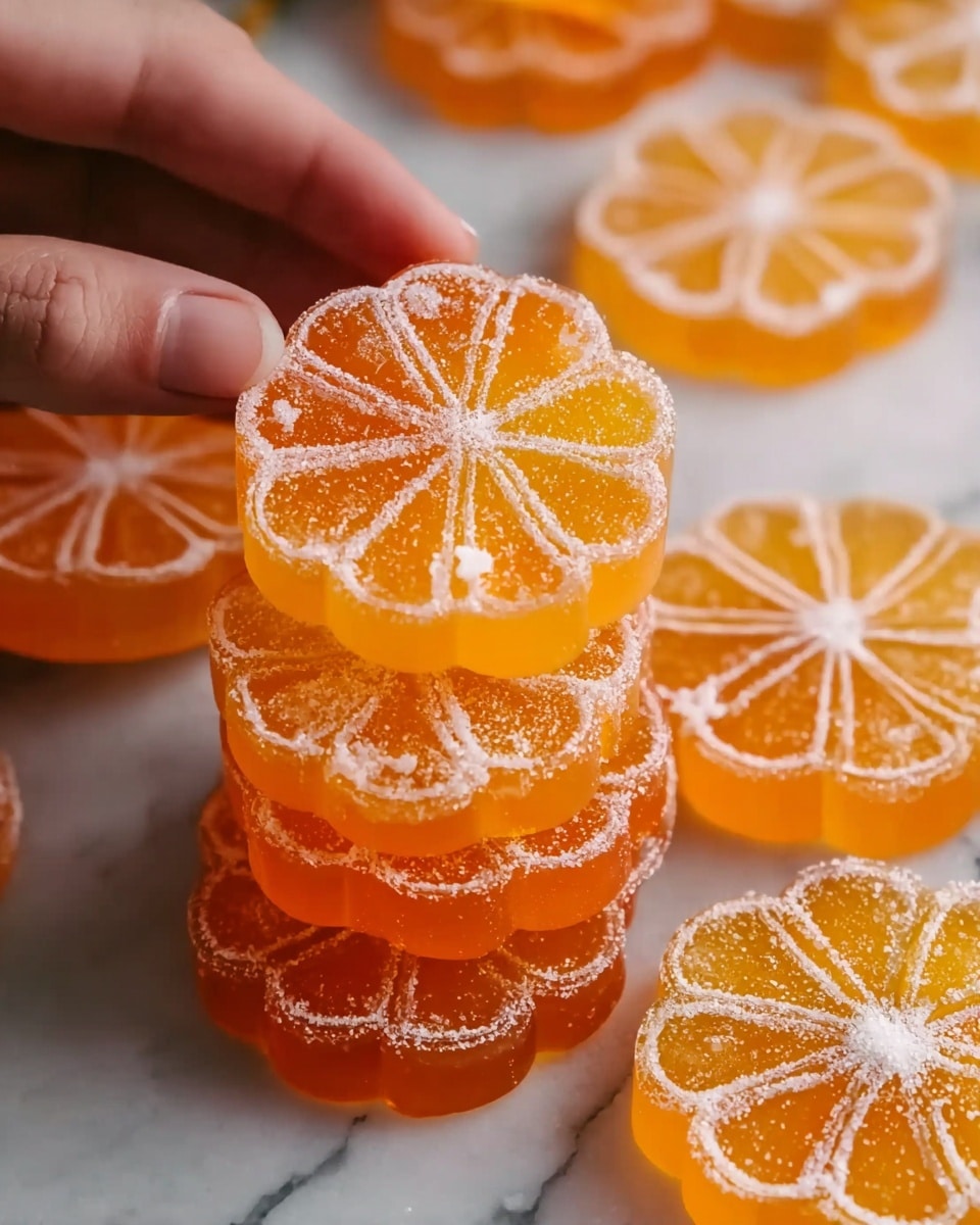 A tray full of stacked orange-colored round jelly desserts shaped like orange slices, each piece having white lines and dots to mimic the segments and seeds of the fruit, with a smooth glossy texture. The tray is held by a woman's hand on each side, and the background features a white marbled texture with whole fresh oranges partially visible at the bottom. photo taken with an iphone --ar 4:5 --v 7