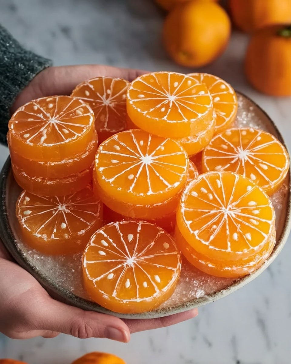 The image shows several stacked orange jelly slices shaped like citrus fruit slices with detailed segments, all dusted lightly with sugar powder. Each jelly slice has a translucent texture with a bright orange color and some white sugar specks on top. A woman's hand is picking up one stack of four jelly slices from a pile on a white marbled surface. The jelly layers are thin, slightly glossy, and evenly cut, showing a realistic fruit slice design. photo taken with an iphone --ar 4:5 --v 7