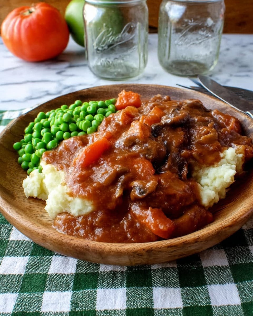 The image shows a round wooden plate filled with a comforting meal. There is a base layer of creamy white mashed potatoes on the right side of the plate, soft and slightly textured. On top of the mashed potatoes and spreading over the left side of the plate, there is a thick layer of rich brown gravy with visible chunks of vegetables like mushrooms and carrots, plus some meat pieces. At the top left of the plate, there is a small pile of bright green peas, round and fresh-looking. The plate rests on a checkered cloth with green and white squares, and behind it, two clear mason jars sit on a white marbled surface with a green tomato in the far background. photo taken with an iphone --ar 4:5 --v 7