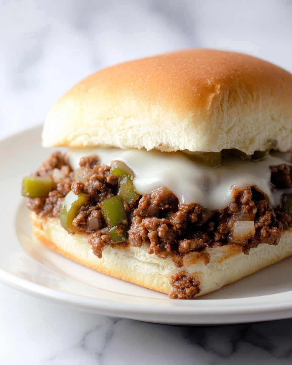 A close-up view of a sandwich with three layers inside a soft, golden brown sandwich bun. The bottom layer is a thick, slightly toasted bun with a light, fluffy texture. On top of it is a generous layer of cooked ground beef mixed with small pieces of cooked green bell pepper and onions, giving a mix of brown, green, and translucent white colors and a moist texture. The top layer inside the sandwich is melted white cheese, softly draped over the meat. The sandwich sits on a simple white round plate, and the background is a white marbled surface. photo taken with an iphone --ar 4:5 --v 7
